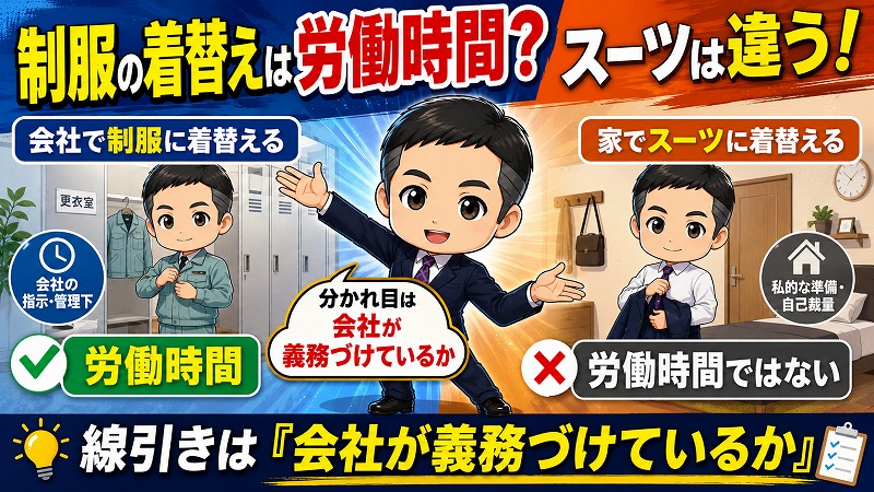 会社で制服に着替える時間は労働時間です。家でスーツに着替える時間は…違います。
